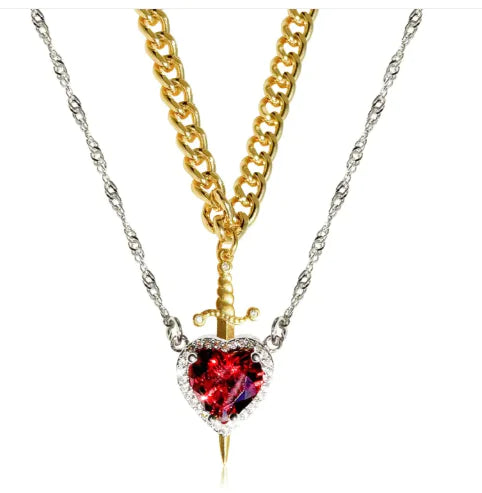 New Heart And Sword Necklace Set Gold Color Stainless Steel Crystal Couple Necklaces For Women Men Boyfriend Girlfriend Gifts