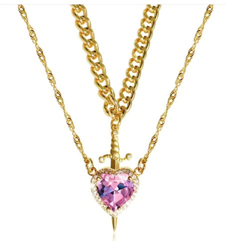 New Heart And Sword Necklace Set Gold Color Stainless Steel Crystal Couple Necklaces For Women Men Boyfriend Girlfriend Gifts