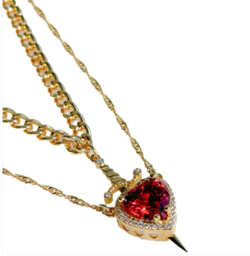 New Heart And Sword Necklace Set Gold Color Stainless Steel Crystal Couple Necklaces For Women Men Boyfriend Girlfriend Gifts