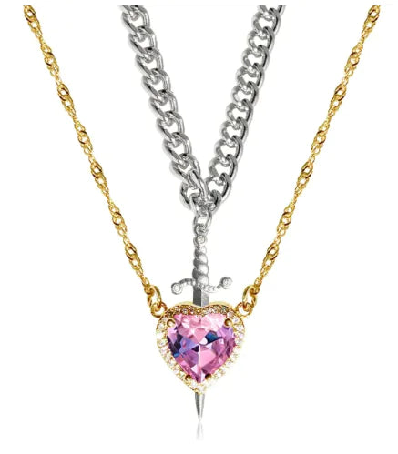 New Heart And Sword Necklace Set Gold Color Stainless Steel Crystal Couple Necklaces For Women Men Boyfriend Girlfriend Gifts
