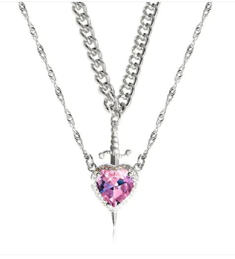New Heart And Sword Necklace Set Gold Color Stainless Steel Crystal Couple Necklaces For Women Men Boyfriend Girlfriend Gifts