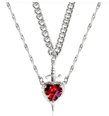 New Heart And Sword Necklace Set Gold Color Stainless Steel Crystal Couple Necklaces For Women Men Boyfriend Girlfriend Gifts