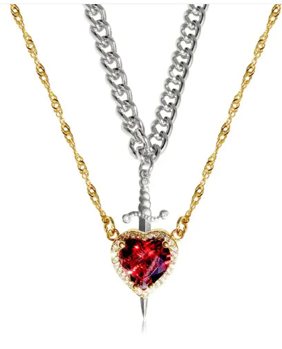 New Heart And Sword Necklace Set Gold Color Stainless Steel Crystal Couple Necklaces For Women Men Boyfriend Girlfriend Gifts