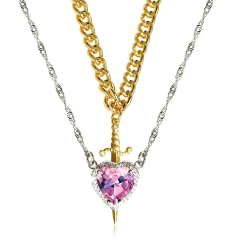 New Heart And Sword Necklace Set Gold Color Stainless Steel Crystal Couple Necklaces For Women Men Boyfriend Girlfriend Gifts